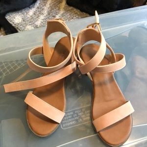 Pink ankle-wrap sandals, size 7, gently worn
